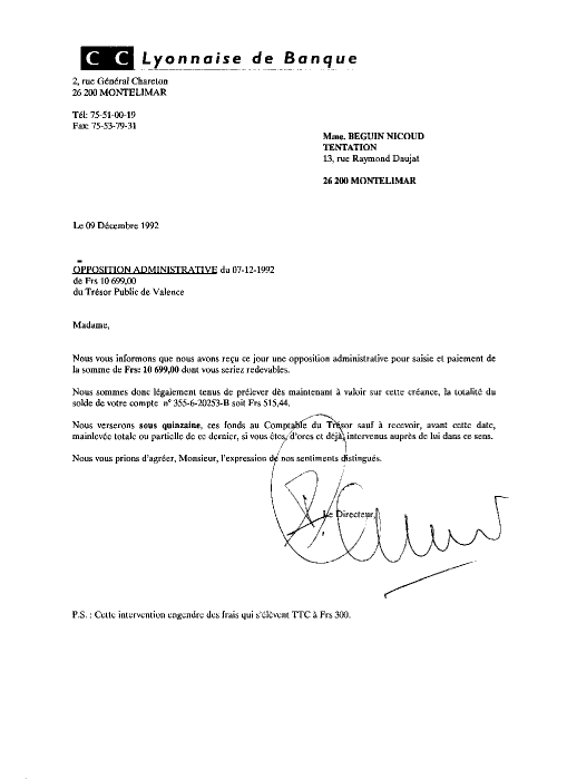 09 DEC. 1992 - Lettre du Trsor Public Valence  /S.L.Banque - Opposition Administrative 1