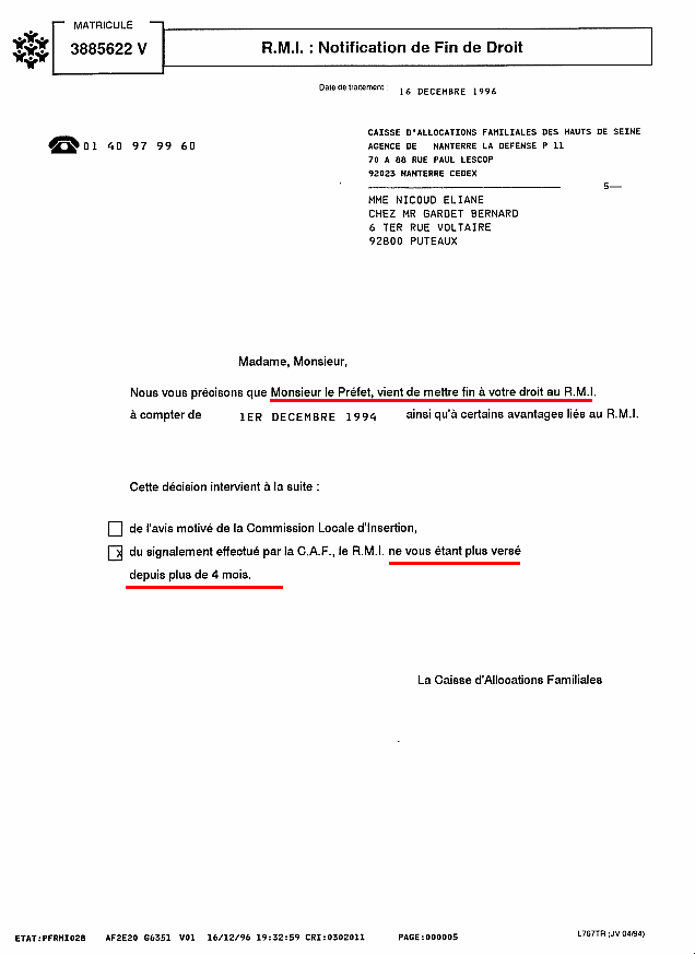 16 dcembre 1996 - CAF/RMI NANTERRE - Fin de Droit - 1