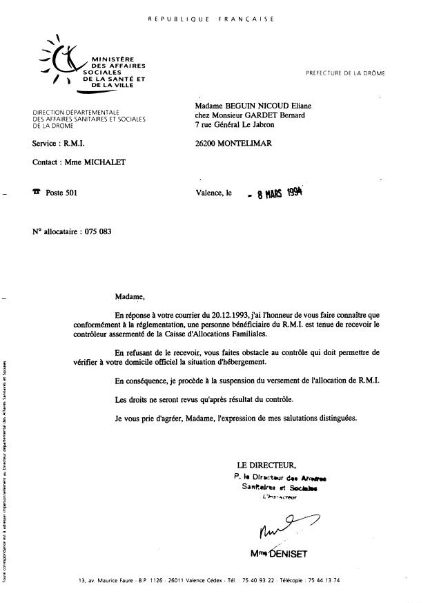 Lettre de Mme Ghislaine DENISET Inspecteur de la DDASS de la DROME