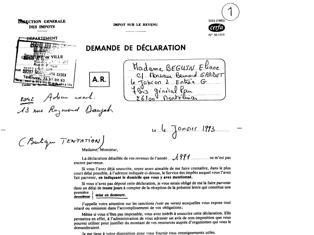 05/01/93 - Mise en demeure pour absence dclaration revenus 1991 - 
