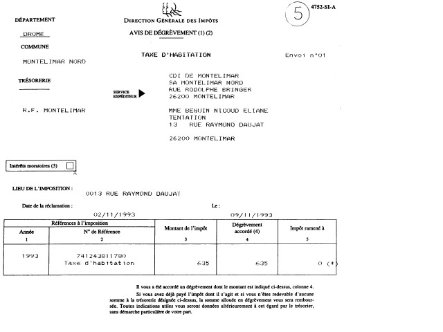 09/11/1993 - Annulation taxe habitation : contrleur Mme FERROTIN - 