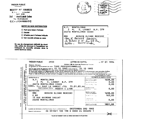 29/01/1994 - Reois lettre rappel pour paiement de la taxe professionne