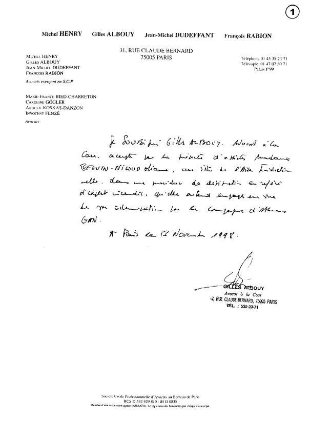 13/11/1998 - Lettre de Matre ALBOUY pour ma demande d'Aide Juridictionnelle.