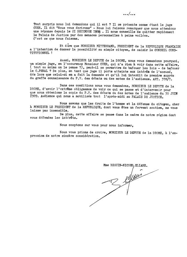 21 juillet 1989 - Lettre au dput Alain Fort - je lui signale que le Greffier Hazane du TGI. de Valence  un Code qui date de 1979 - page2