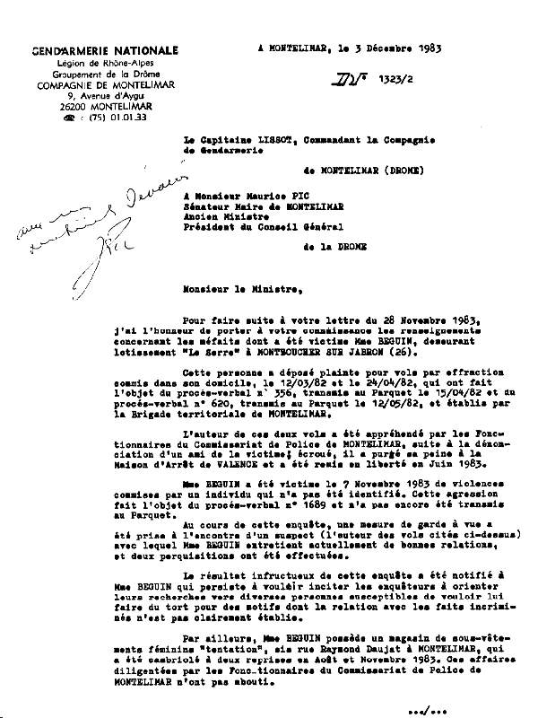 M. Maurice PIC Snateur-Maire de Montlimar me fait parvenir la lettre rponse du Capitaine Lissot