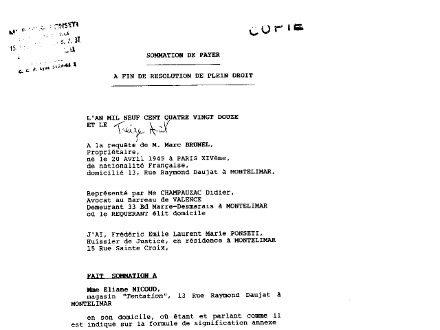 13 aout 1992 - Sommation de payer de l'huissier Ponseti