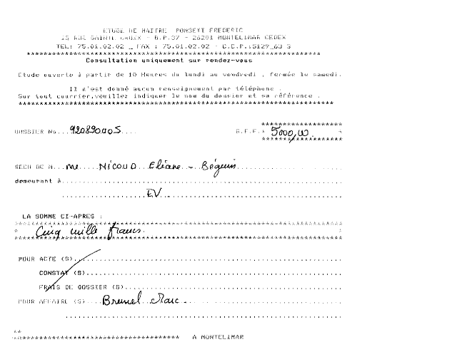 Attestation des chques verss  Me Ponseti Frdric.