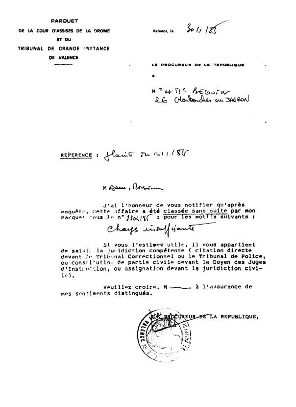 30 janvier 1985 - Rponse du Parquet N 1439/85 Valence - Classe sans suite 