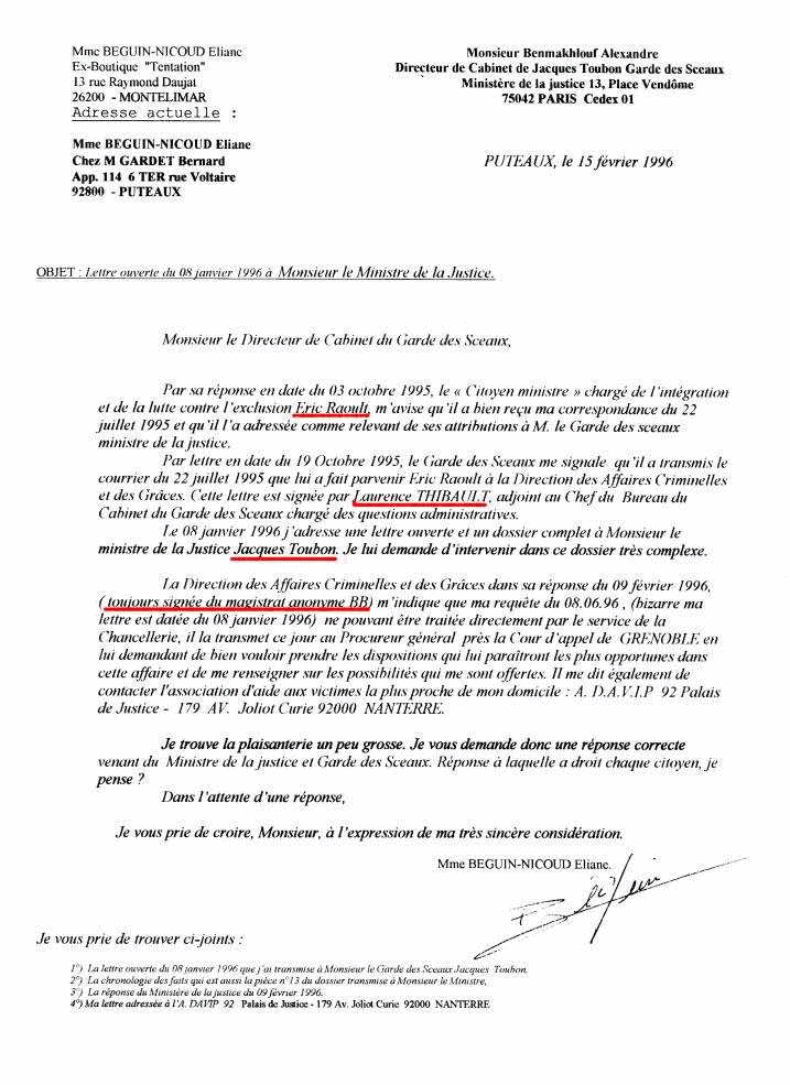 15 Fvrier 1996 - Lettre  Alexandre BENMAKHLOUF, Directeur de Cabinet du Garde des Sceaux Jacques Toubon.