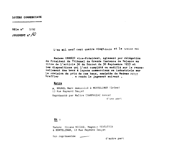 13 mai 1992 - JUGEMENT TGI. VALENCE - Nicole OBREGO - acte de l'huissier Frdric PONSETI de Montlimar