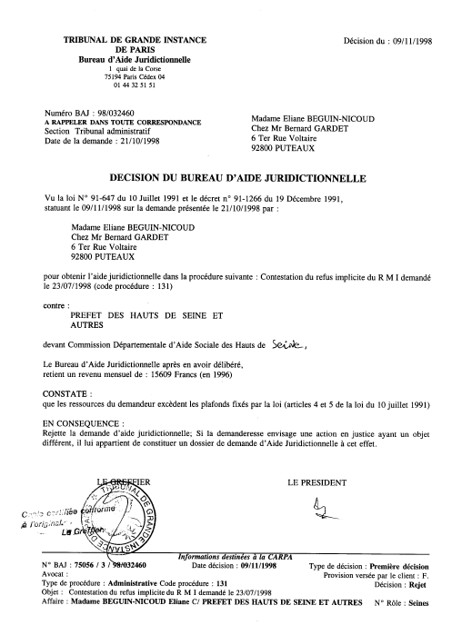 Rejet N1 de la demande d'Aide Juridictionnelle dpose par la requrante prs le Tribunal de