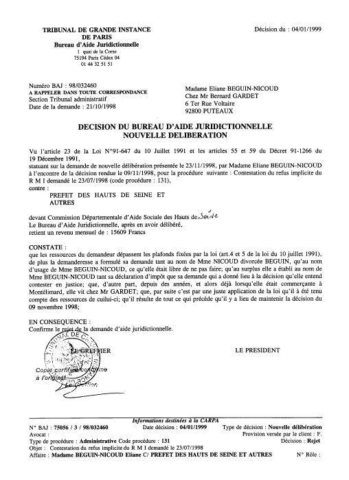Rejet de la demande d'Aide Juridictionnelle dpose par la requrante prs le Tribunal de