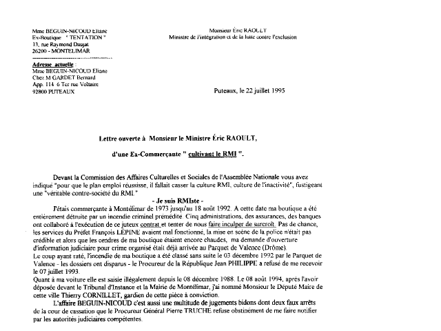 22 juillet 1995 - Lettre ouverte  ric RAOULT Ministre de l'intgration et de la lutte contre l'exclusion