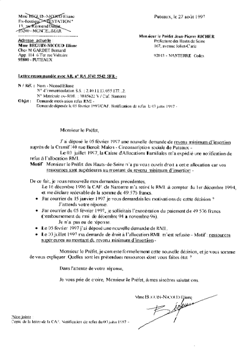 27 AOU. 1997 - REF2708.D97 - Lettre AR au Prfet - dcision